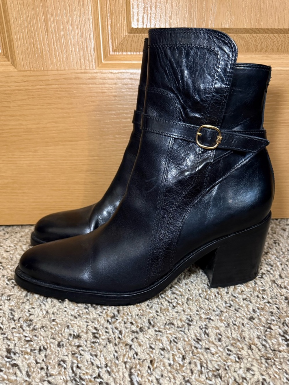 Sam Edelman Black Leather Ankle Boots with Gold Buckle